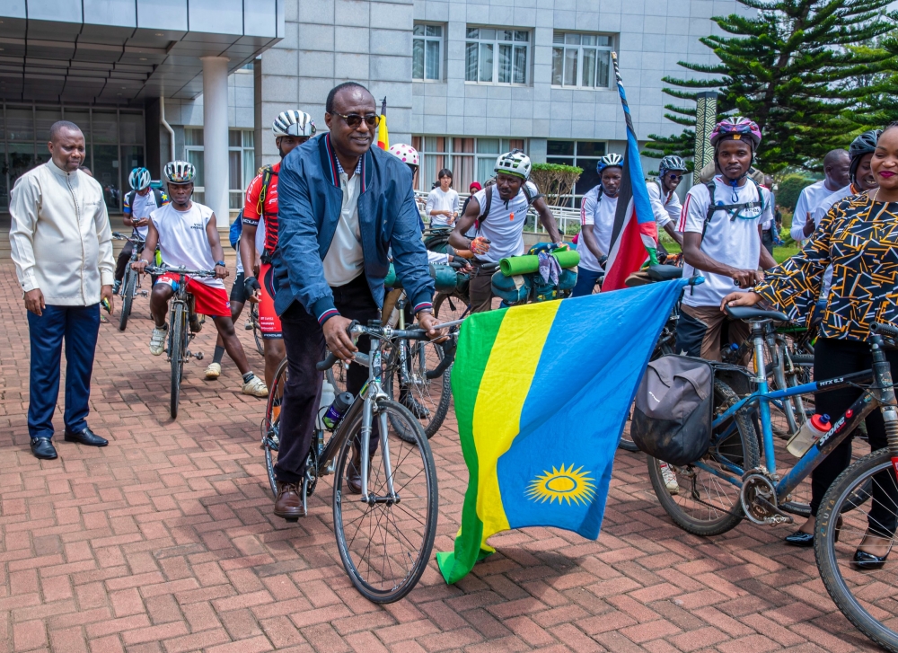 Rwanda&#039;s Minister of State in the Foreign Affairs Ministry Manasseh Nshuti flags off the tour in Kigali on Saturday, September 16. Courtesy
