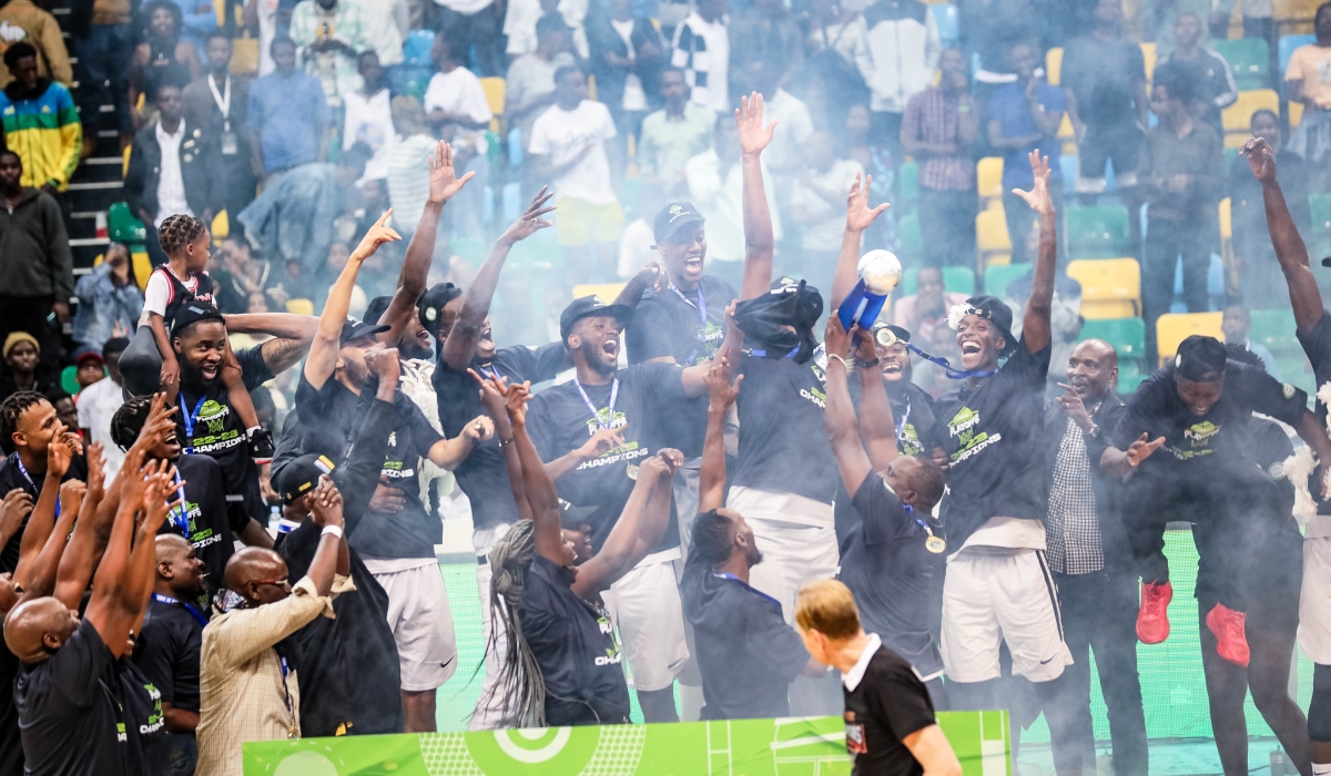 APR BBC players celebrate the victory after beating Rwanda Energy Group (REG) 80-68 to win the title at BK Arena on Friday, September 8. Photo by Dan Gatsinzi Kwizera