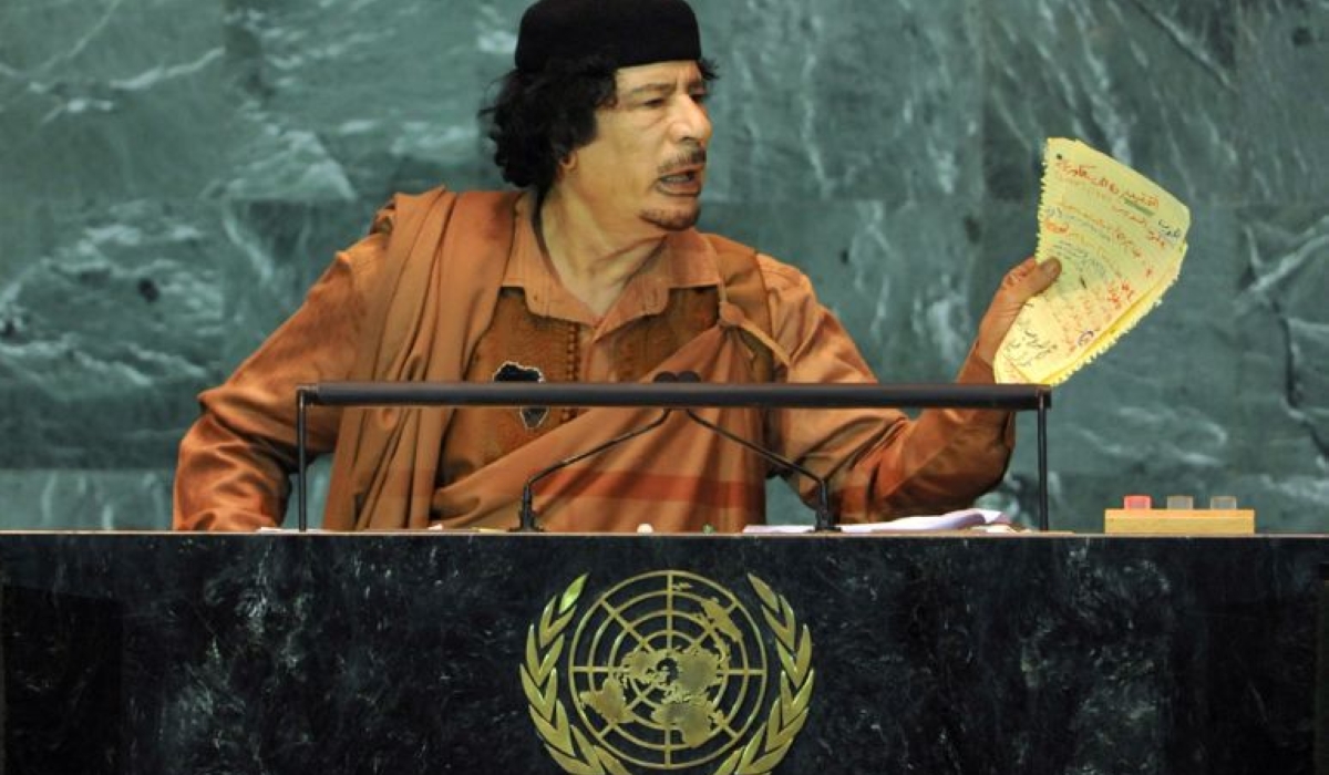 Libya’s Muammar Gaddafi speaks to the 64th General Debate of the UNGA at United Nations headquarters in New York City on September 23, 2009 [File: Jason Szenes/EPA]