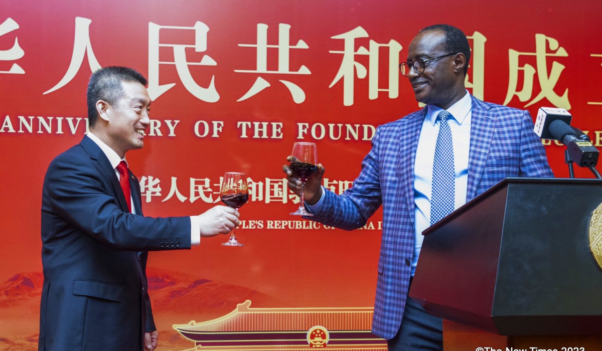 Wang Xuekun, the Chinese ambassador to Rwanda and Manasseh Nshuti, the Minister of State toast during the 74th anniversary of the founding of the People’s Republic of China , on Tuesday, September 19. Photos by Craish Bahizi