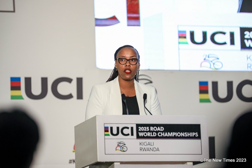 Sports Minister Mimosa Munyangaju delivers remarks during the launch of  the road to UCI Road World Championships on Thursday, September 21