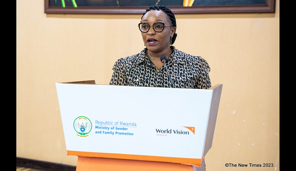 Minister of Gender and Family Promotion Valentine Uwamariya delivers remarks during the National Girls Leaders’ Summit 2023 on September 21, in Kigali. Photos by Craish BAHIZI