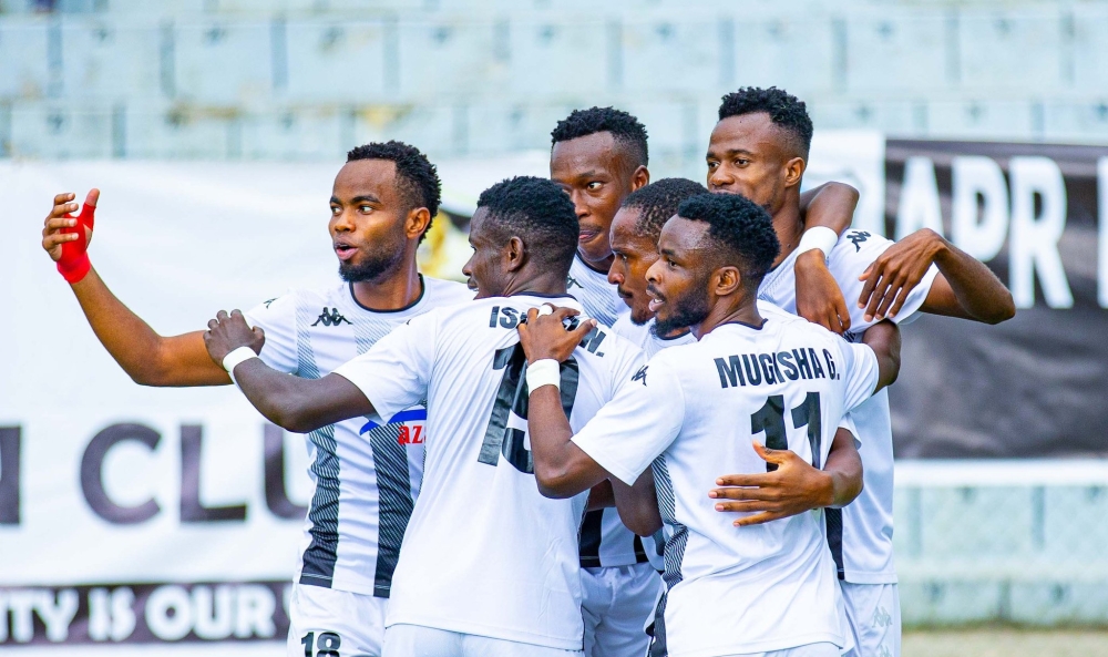 APR FC players celebrate a goal during a 2-2 draw against Marine FC  at Umuganda Stadium on Saturday, September 23. Photo by Julius Ntare
