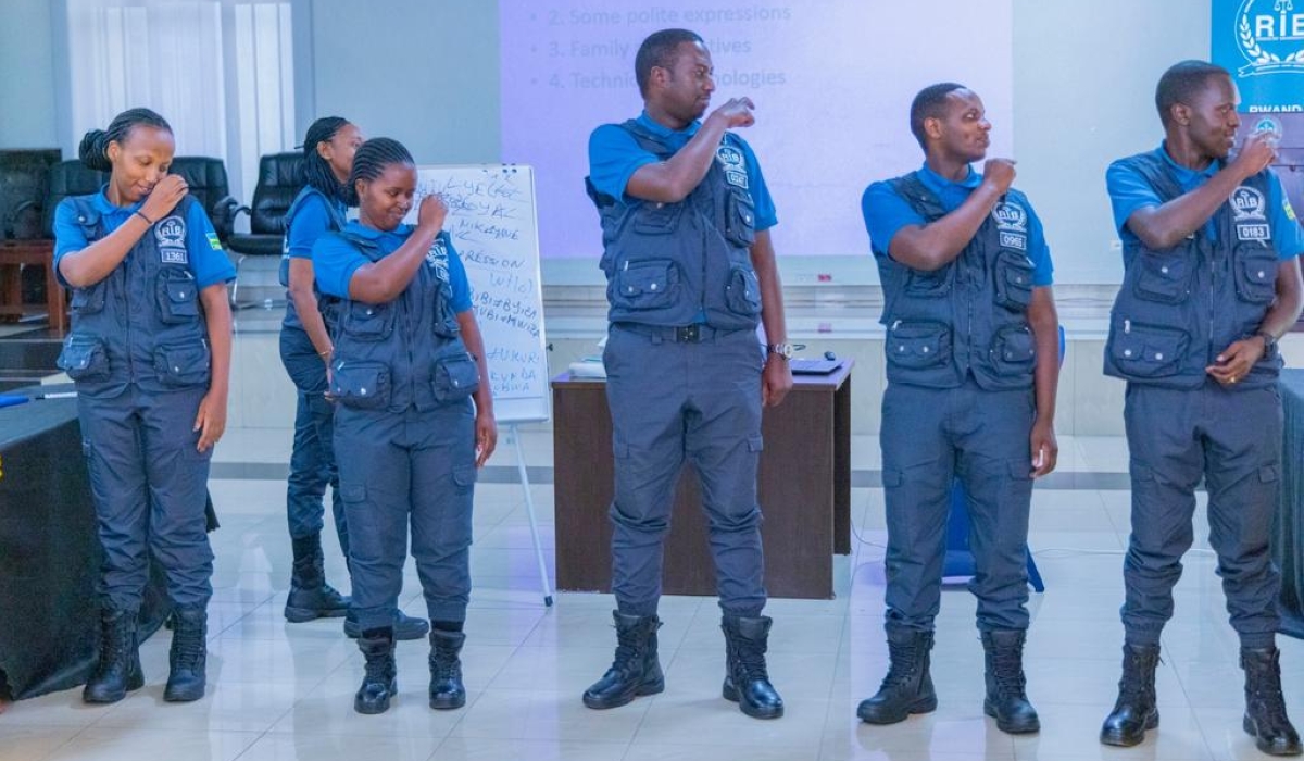 Rwanda Investigation Bureau staff during  a second training session on sign language. Courtesy