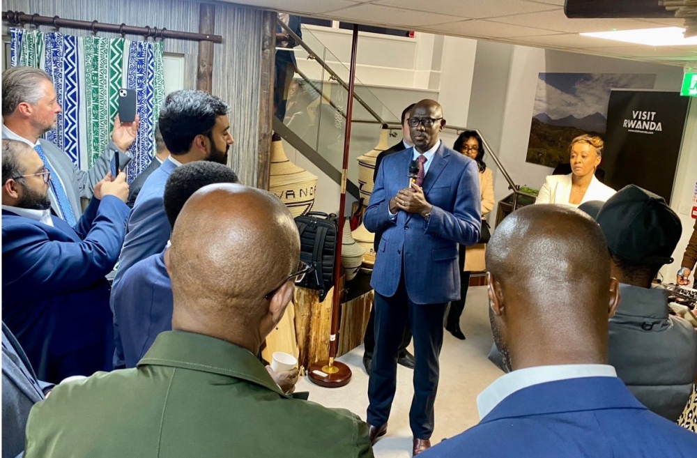 Rwanda High Commissioner to the UK, Johnston Busingye speaks during the launch of the Rwanda Business Alliance in the UK last week. Courtesy