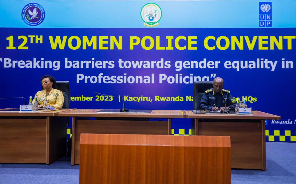 Minister of Gender and Family Promotion Valentine Uwamariya and IGP Felix Namuhoranye at the opening of the Women Police Convention on Wednesday, September 27.Courtesy