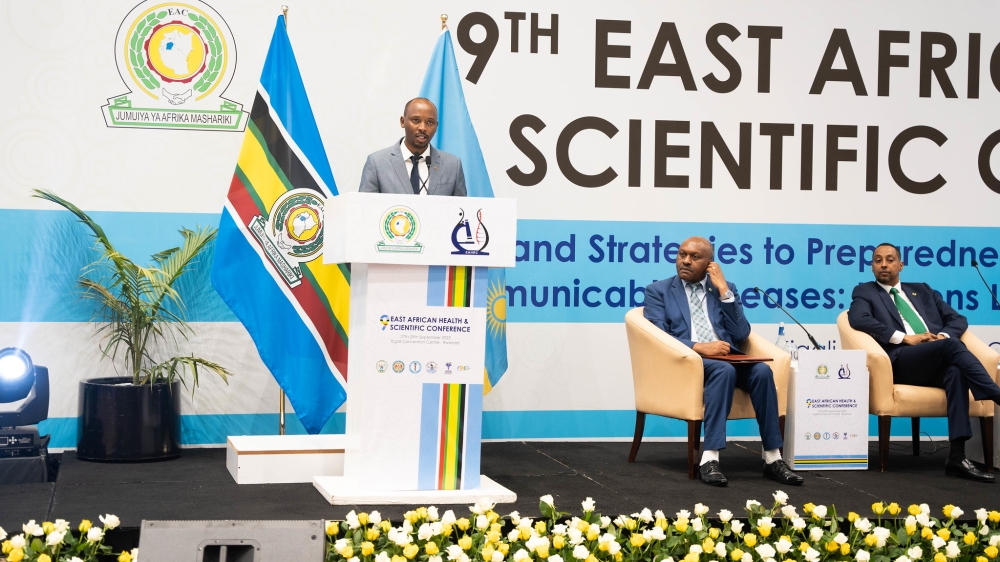 Health Minister Sabin Nsanzimana delivers his remarks during   the 9th East African Health and Scientific Conference (EAHSC) in Kigali on September 27.Photos by Craish BAHIZI