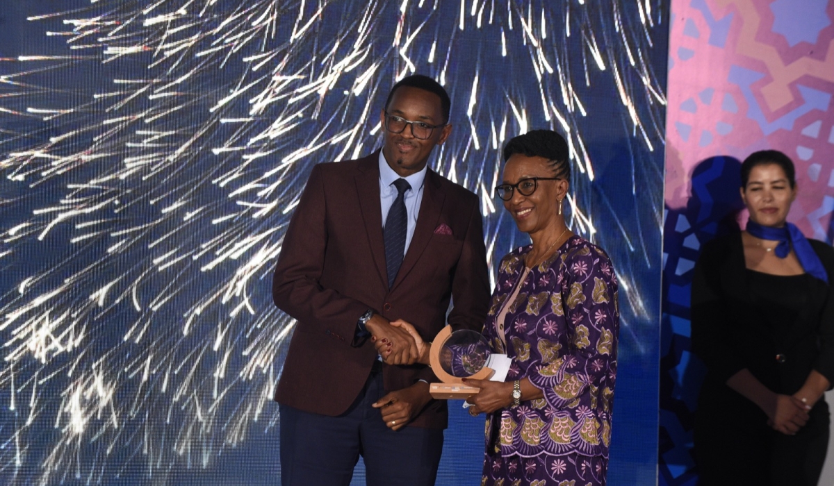 Ambassador of Rwanda to Morocco, Zaina Nyiramatama receiving the award on behalf of the government of Rwanda during a ceremony to mark its second edition, in Marrakesh, Morocco Wednesday, September 27. Courtesy