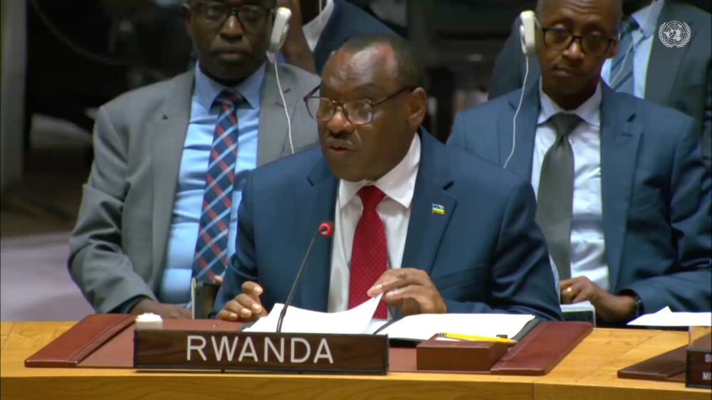 Rwanda’s ambassador to the United Nations, Claver Gatete addresses UN Security Council on the situation in Eastern DR Congo on Thursday, September 28. Courtesy