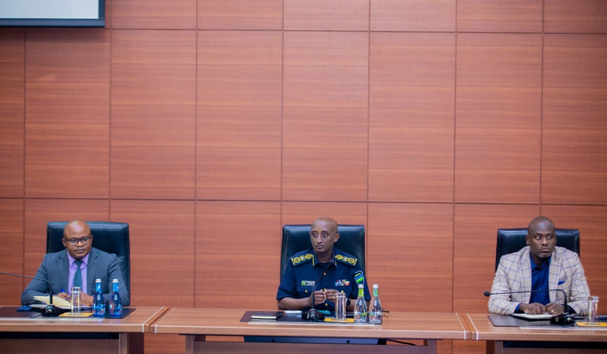 Inspector General of Police (IGP) Felix Namuhoranye chairing a meeting flanked by Chief Executive Officer of REG, Armand Zingiro, and Omar Munyaneza, the Chief Executive Officer of WASAC on Thursday, September 28.