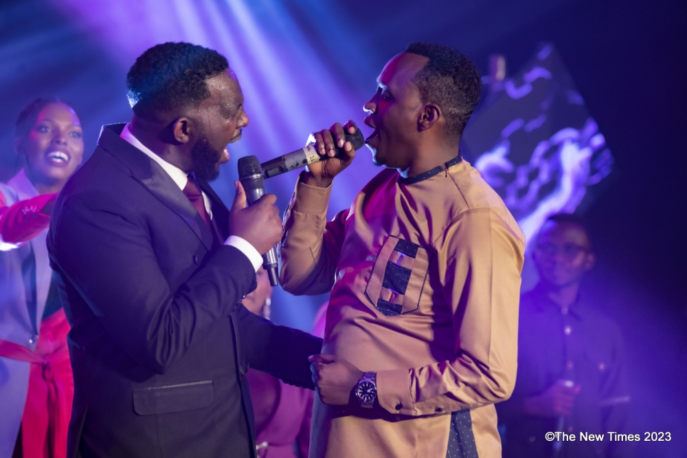 Canada based gospel singer Nice Ndatabaye and "Ibyo Ntunze" songwriter Bosco Nshuti perform at the live concert in Kigali on Friday, September 29. Photos by Emmanuel Dushimimana
