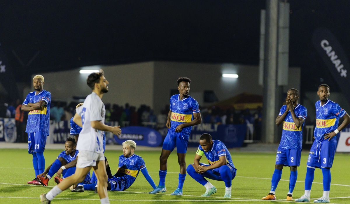 Rayon Sports players look disappointed after a 4-2 loss in the penalty shootout, that terminated their dreams of progressing further in the competition at Kigali Pele Stadium on Saturday September 30. Moses Niyonzima