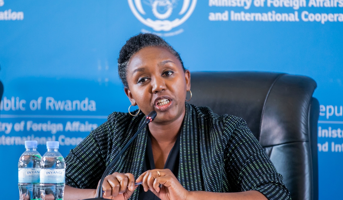 Yolande Makolo, the government spokesperson speaks to media in press conference on June 14, 2022. File