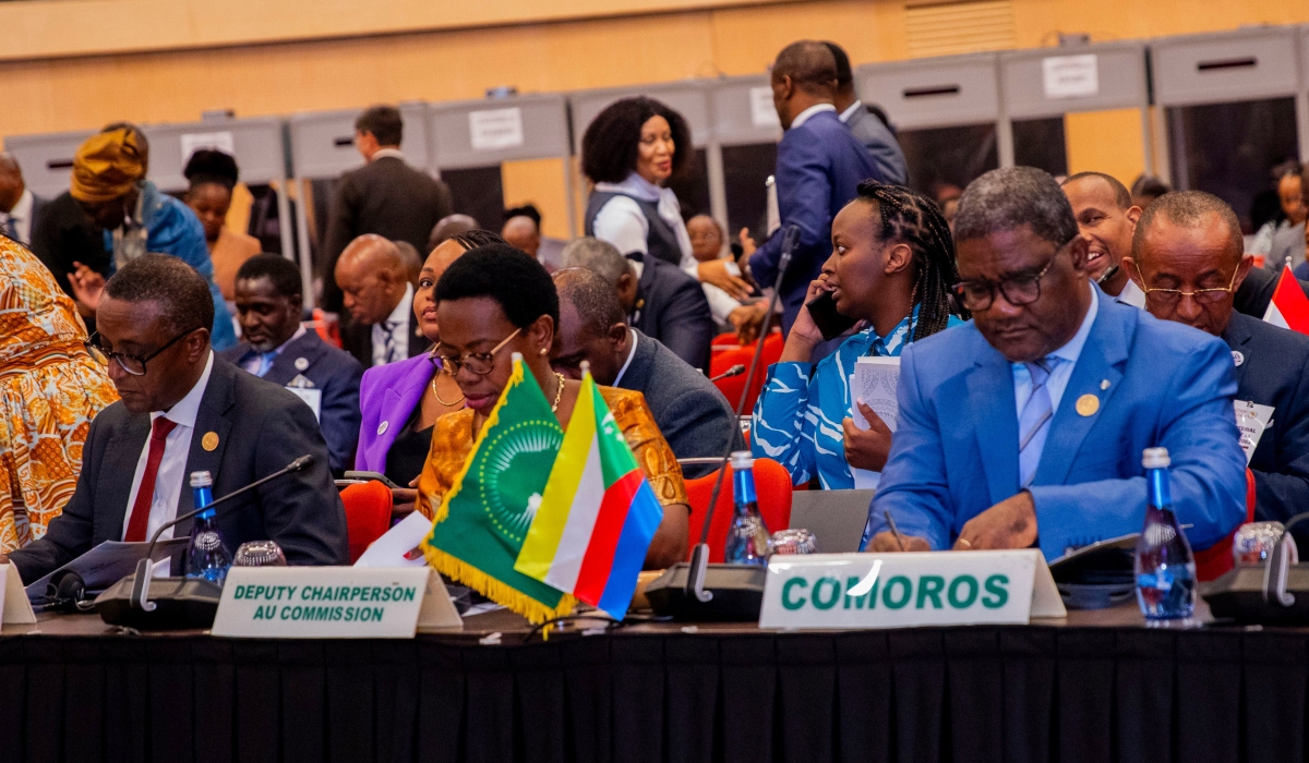 (L-R) Minister of Foreign Affairs Dr Vincent Biruta, Monique Nsanzabaganwa, the Deputy Chairperson of the African Union Commission and Minister of Foreign Affairs of Comoros Dhoihir Dhoulkamal  during the opening session.