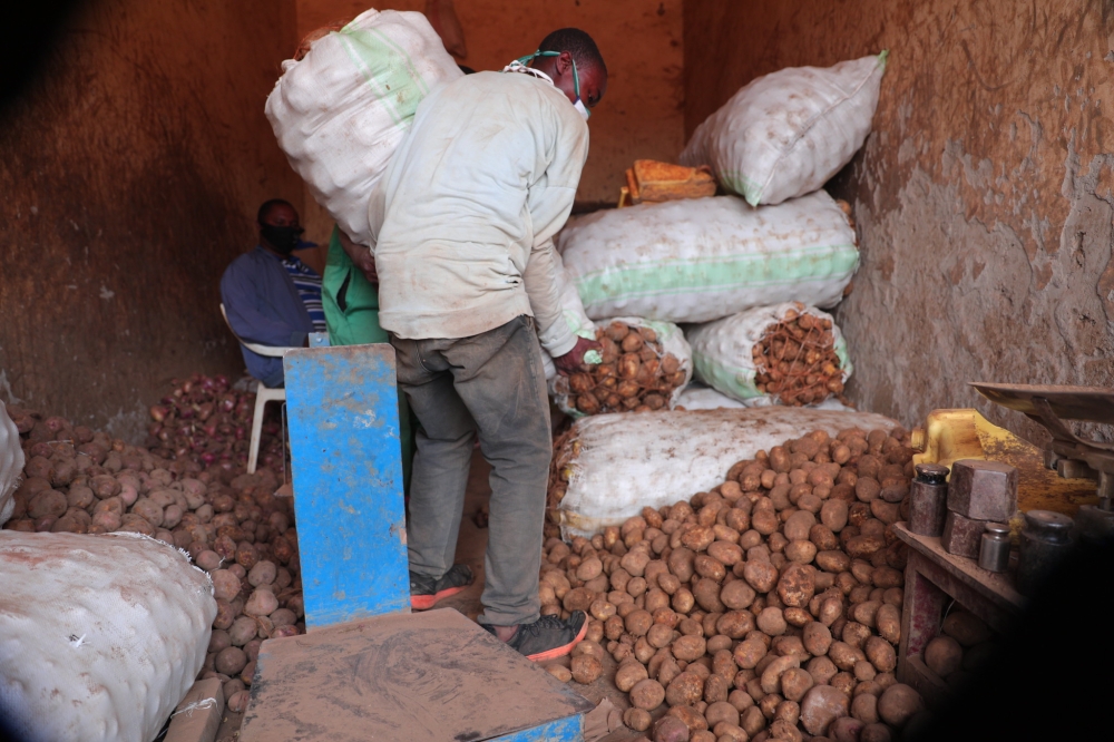 Inside one of the Irish potato collection centres in Nyabisindu.  Consumers have voiced concerns over significant price hikes in Irish potatoes. PHOTO BY Sam Ngendahimana.