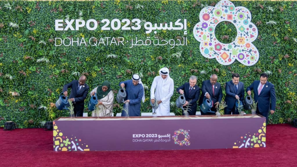 Prime Minister Edouard Ngirente (1st Left) with other global leaders at the opening ceremony of the International Horticultural Expo 2023 in Doha, Qatar on October 2. Courtesy