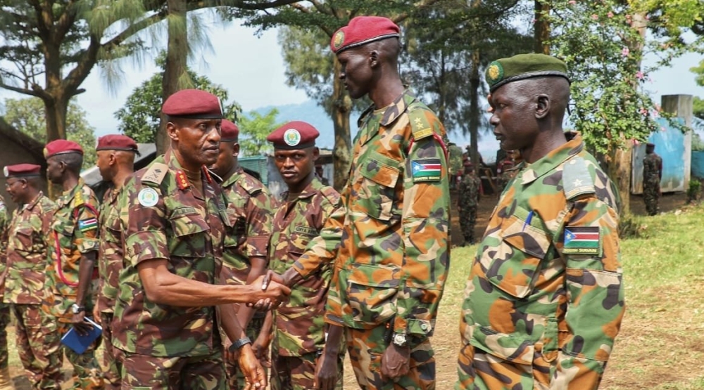 The commander of the East African Community regional force in DR Congo, Maj Gen Alphaxard Kiugu, visited Kenyan and South Sudanese troops deployed to Rutshuru Territory, in North Kivu province on August 10, 2023. The regional force occupies positions vacated by the M23 rebels as part of a withdrawal plan called for by regional leaders. Courtesy