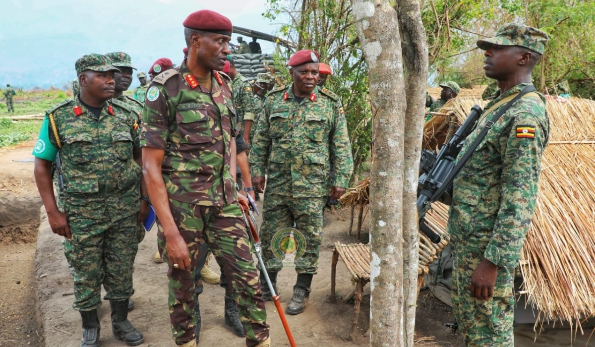 The Force Commander of the East African Community regional force, Maj Gen Aphaxard Kiugu, and other officers, visit Ugandan EACRF contingent, on August 12, in Rutshuru territory, eastern DR Congo. It remains unclear how the regional force will react to renewed hostilities. Photo: courtesy of EACRF