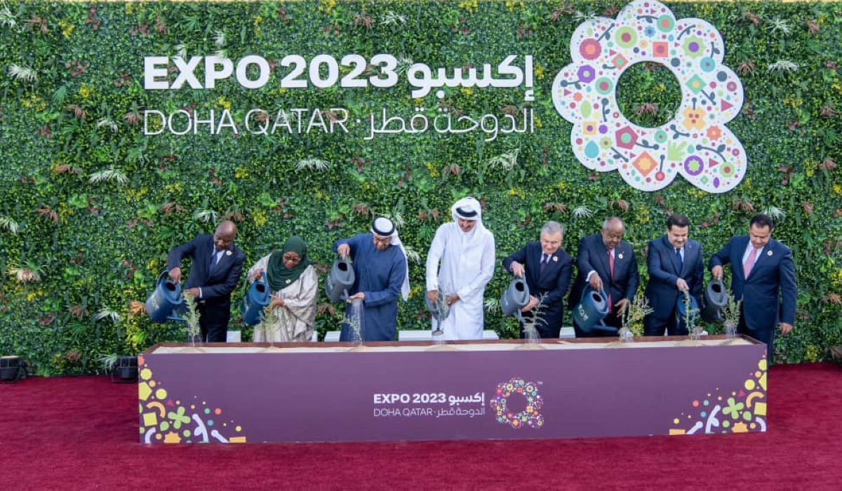 Prime Minister Edouard Ngirente (1st Left) with other global leaders at the opening ceremony of the International Horticultural Expo 2023 in Doha, Qatar on October 2. Courtesy