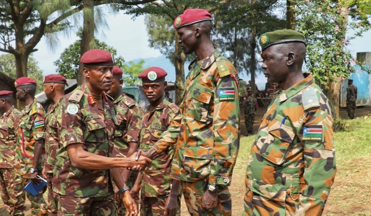 The commander of the East African Community regional force in DR Congo, Maj Gen Alphaxard Kiugu, visited Kenyan and South Sudanese troops deployed to Rutshuru Territory, in North Kivu province on August 10, 2023. The regional force occupies positions vacated by the M23 rebels as part of a withdrawal plan called for by regional leaders. Courtesy