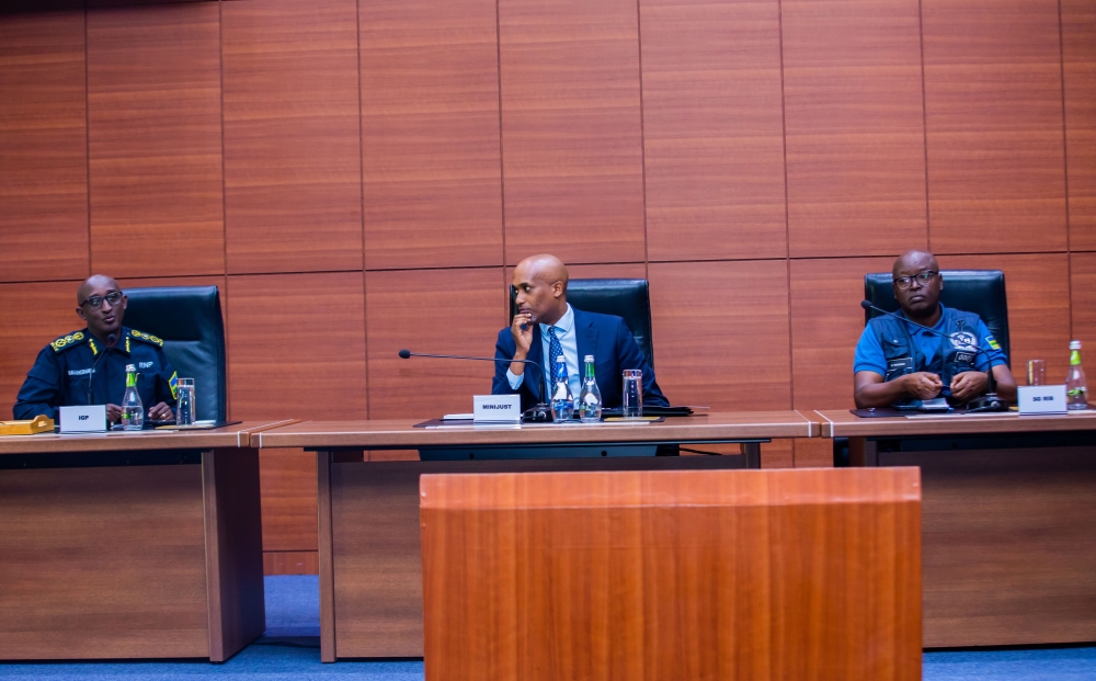 (L-R) Inspector General of Police (IGP) Felix Namuhoranye, Minister of Justice and Attorney General, Emmanuel Ugirashebuja and  RIB Secretary-General Col (Rtd) Jeannot Ruhunga at the meeting .