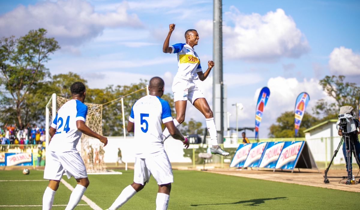 Rayon Sports players celebrate a goal at Kigali Pele Stadium. Rwanda Broadcasting Agency was given a few rights to broadcast the 2023-24 Rwanda Premier League. Photo by Olivier Mugwiza