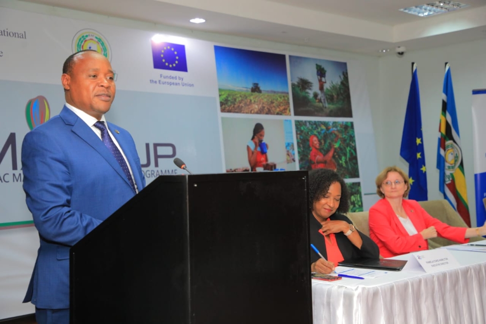 EAC Secretary General Peter Mathuki delivers his remarks at the launch of the new agribusiness growth programme (MARKUP II), on Tuesday, October 3. Courtesy
