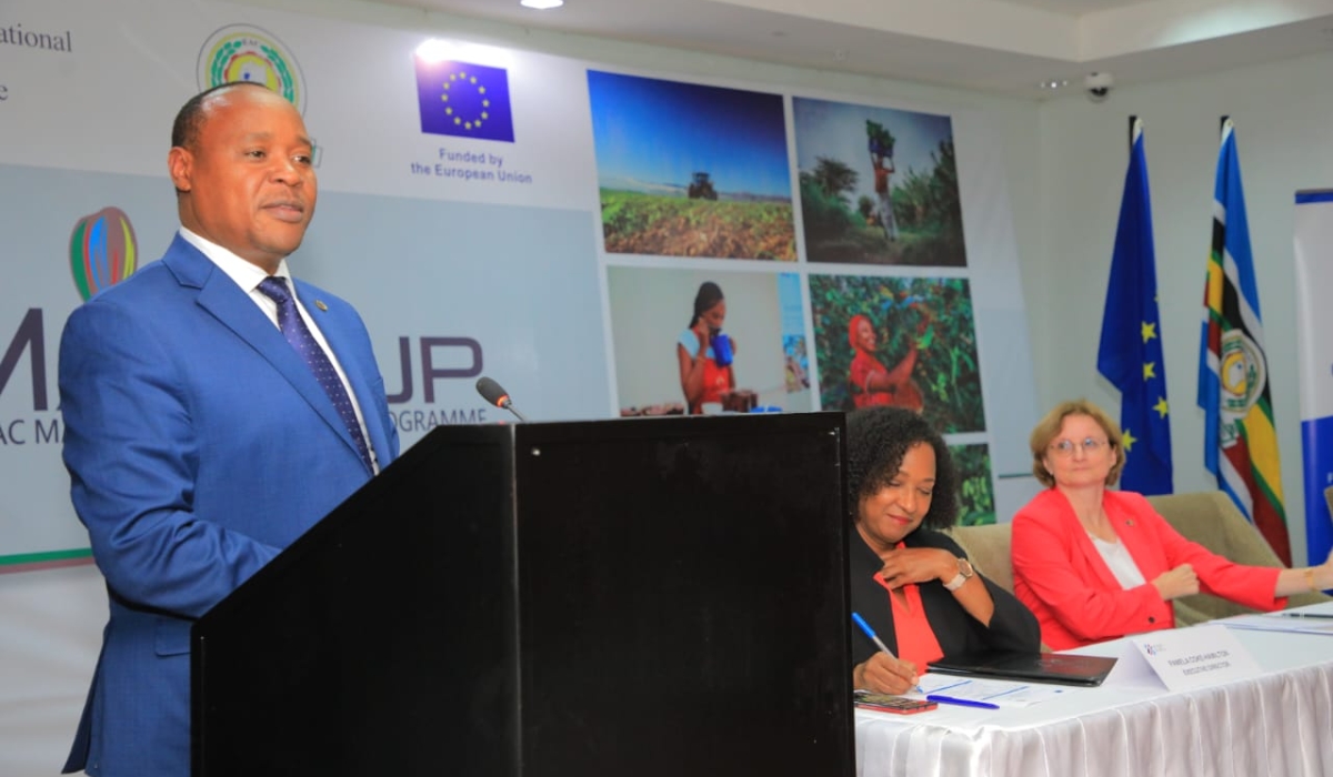 EAC Secretary General Peter Mathuki delivers his remarks at the launch of the new agribusiness growth programme (MARKUP II), on Tuesday, October 3. Courtesy