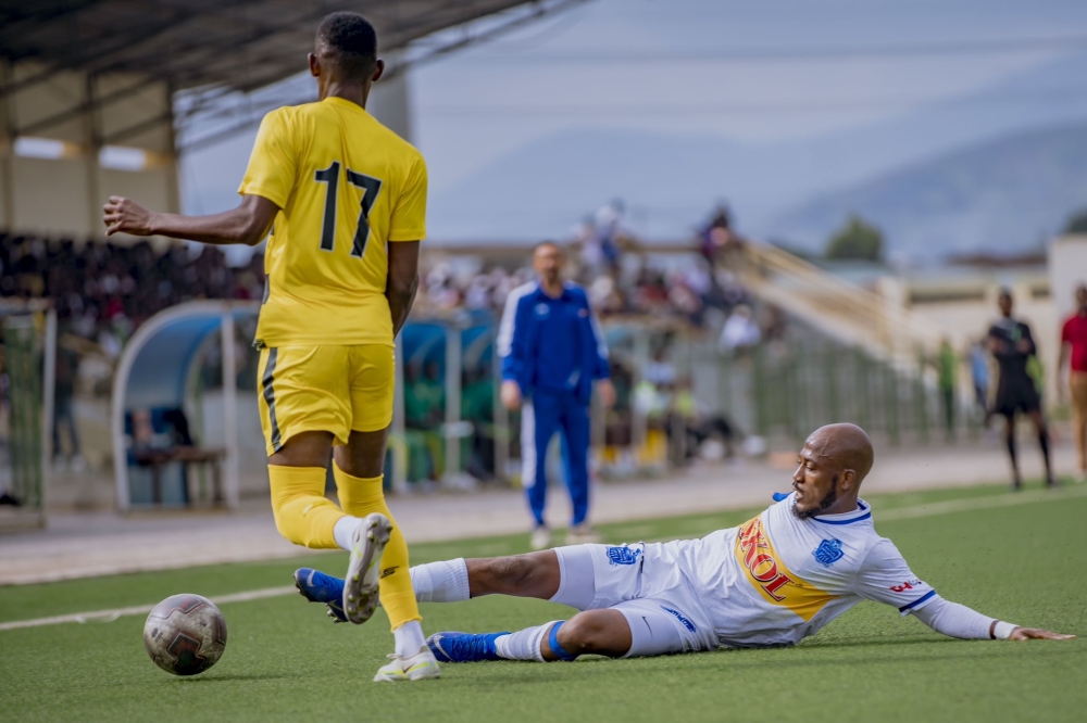 Marines FC player wins the ball against Rayon Sports&#039; during  a 2-2 draw at Umuganda Stadium on Saturday, October 7.Courtesy