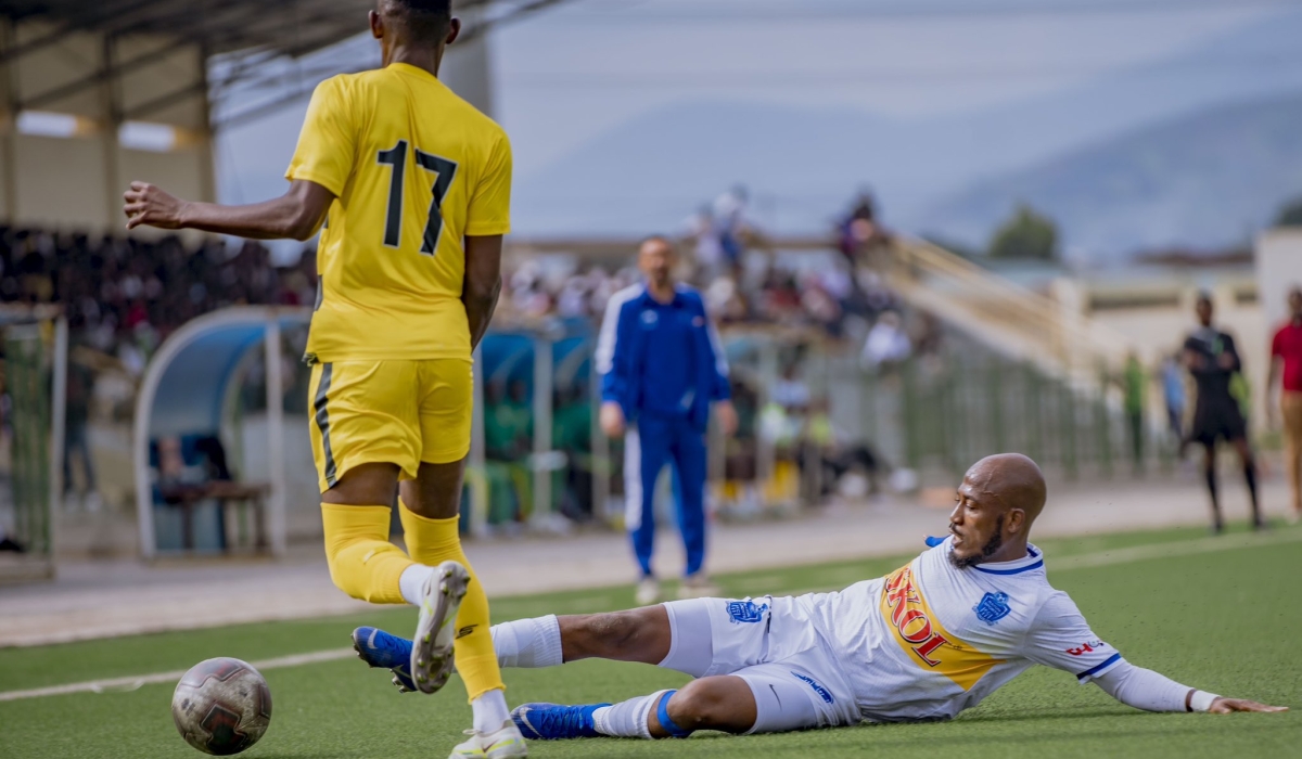 Marines FC player wins the ball against Rayon Sports&#039; during  a 2-2 draw at Umuganda Stadium on Saturday, October 7.Courtesy