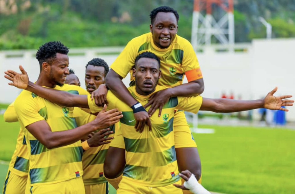Marines FC striker Arthur Gitego with teammates celebrates his late goal during a 2-2 draw against Rayon Sports on Saturday, October 7. Courtesy