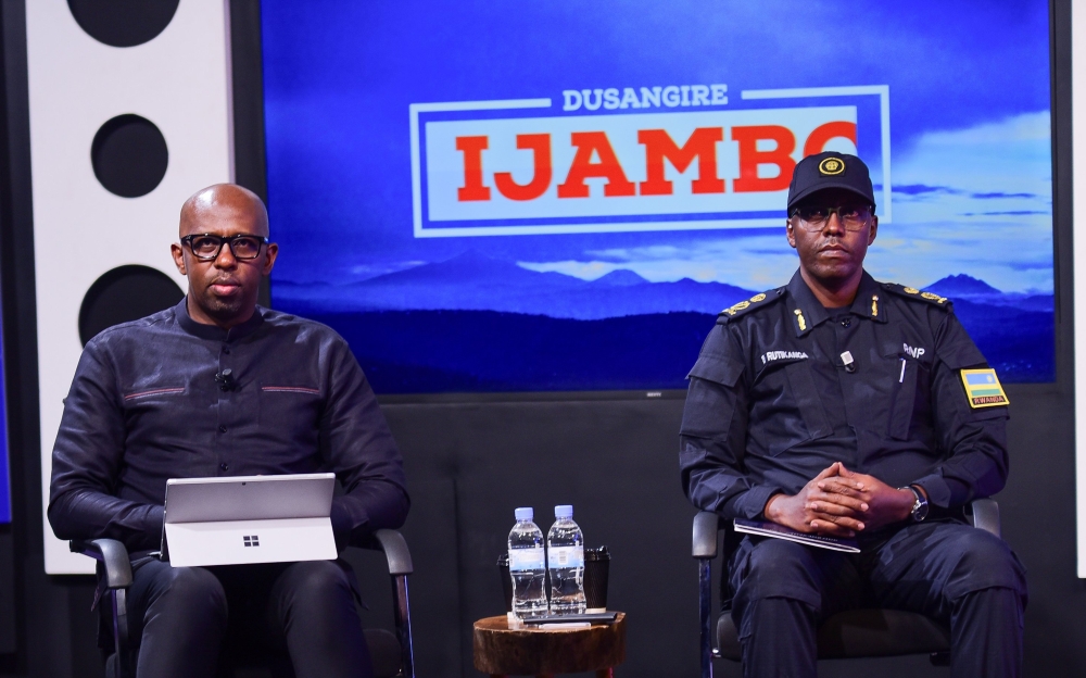 ACP Boniface Rutikanga and RIB spokesperson Thierry Murangira during the talk-show on Rwanda Television on Sunday, October 8. Photo/RBA.  