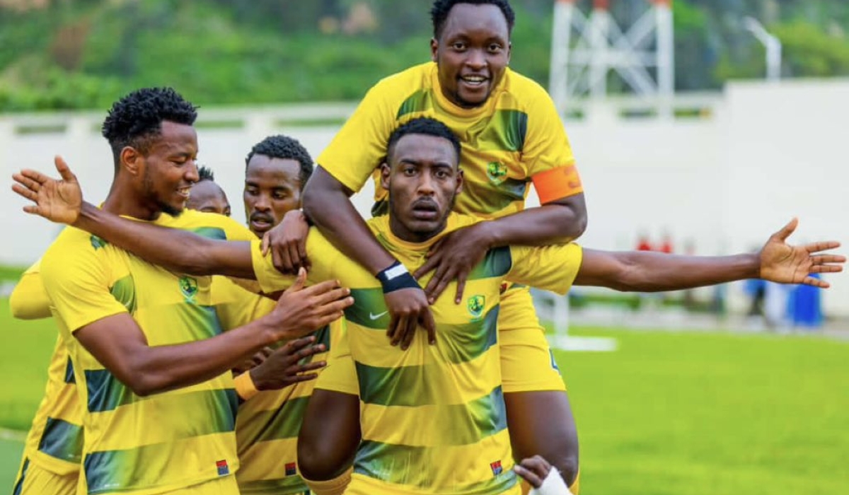 Marines FC striker Arthur Gitego with teammates celebrates his late goal during a 2-2 draw against Rayon Sports on Saturday, October 7. Courtesy