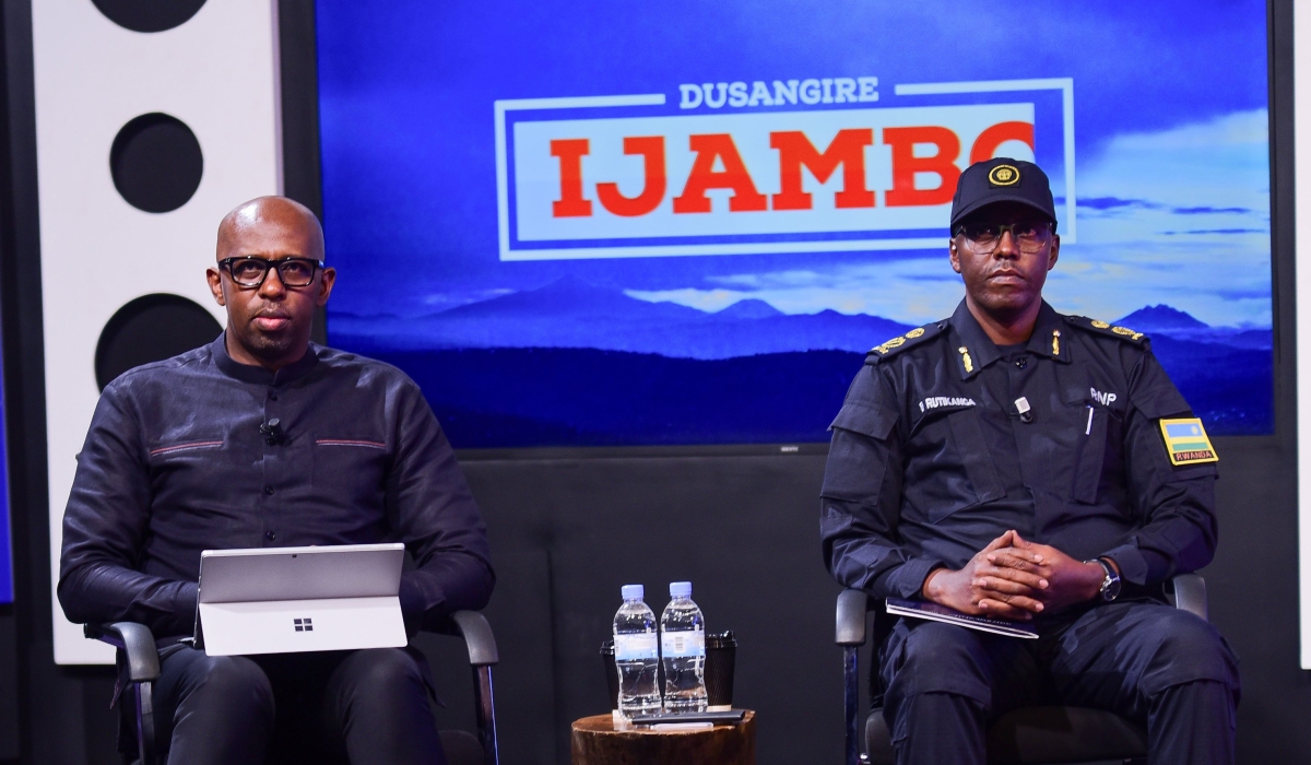 ACP Boniface Rutikanga and RIB spokesperson Thierry Murangira during the talk-show on Rwanda Television on Sunday, October 8. Photo/RBA.  