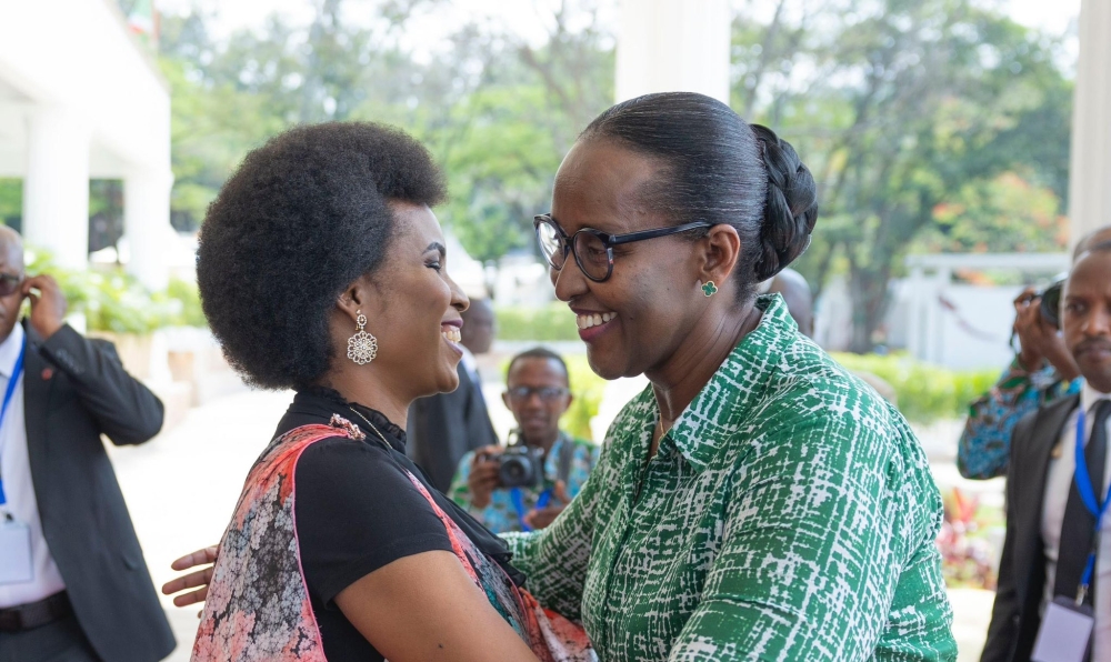 First Lady Jeannette Kagame is welcomed by her Burundian counterpart Angeline Ndayishimiye in Bujumbura earlier Monday, October 9. Courtesy