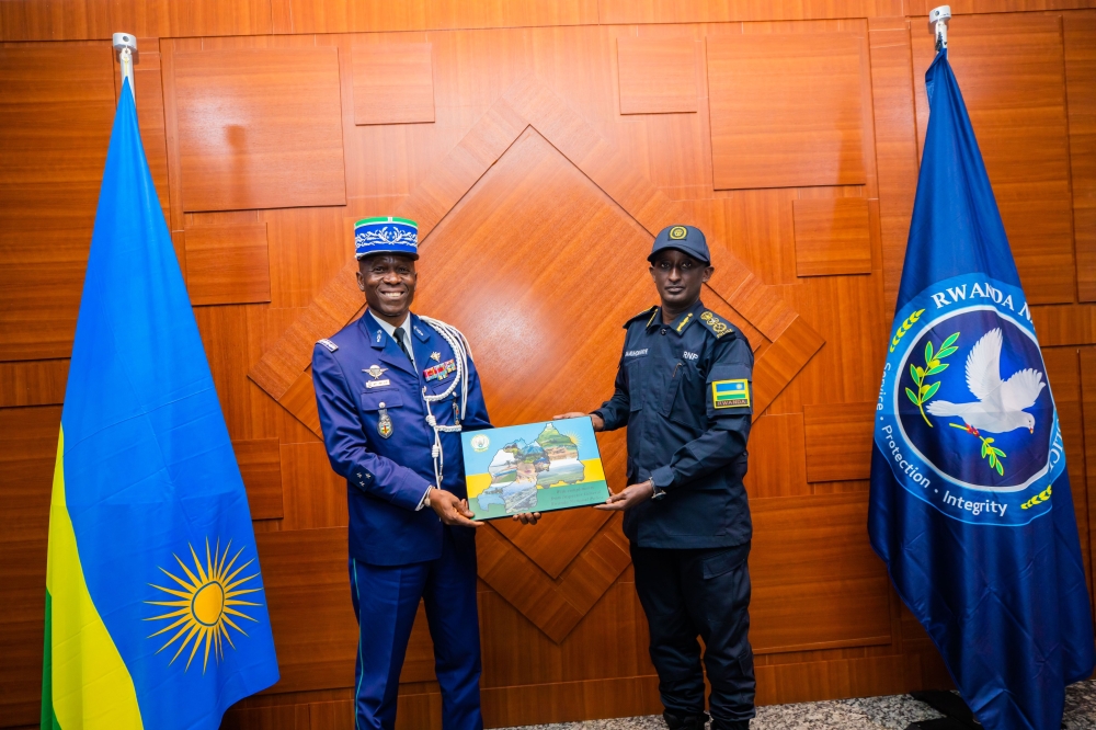 The Inspector General of Police (IGP) Felix Namuhoranye meets with the Director General for Central African Republican Gendarmerie,Landry Urlich Depot ,on Monday, October 9. Courtesy