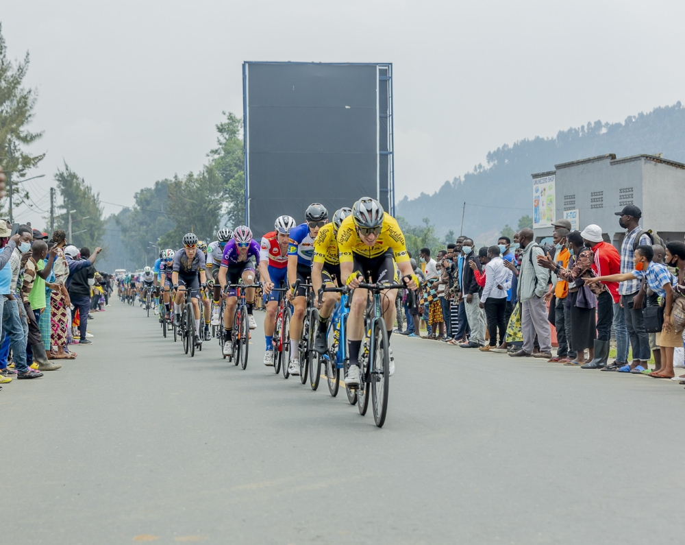 Riders in peloton during Tour du Rwanda 2022. The 16th edition of Tour du Rwanda cycling race is scheduled for February 18-25, 2024. Courtesy
