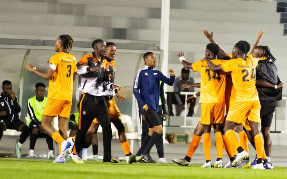 Bugesera FC players celebrate their goal for equalizer during a 1-1 draw against APR FC on  Tuesday at Kigali Pele Stadium. Photo by Julius Ntare