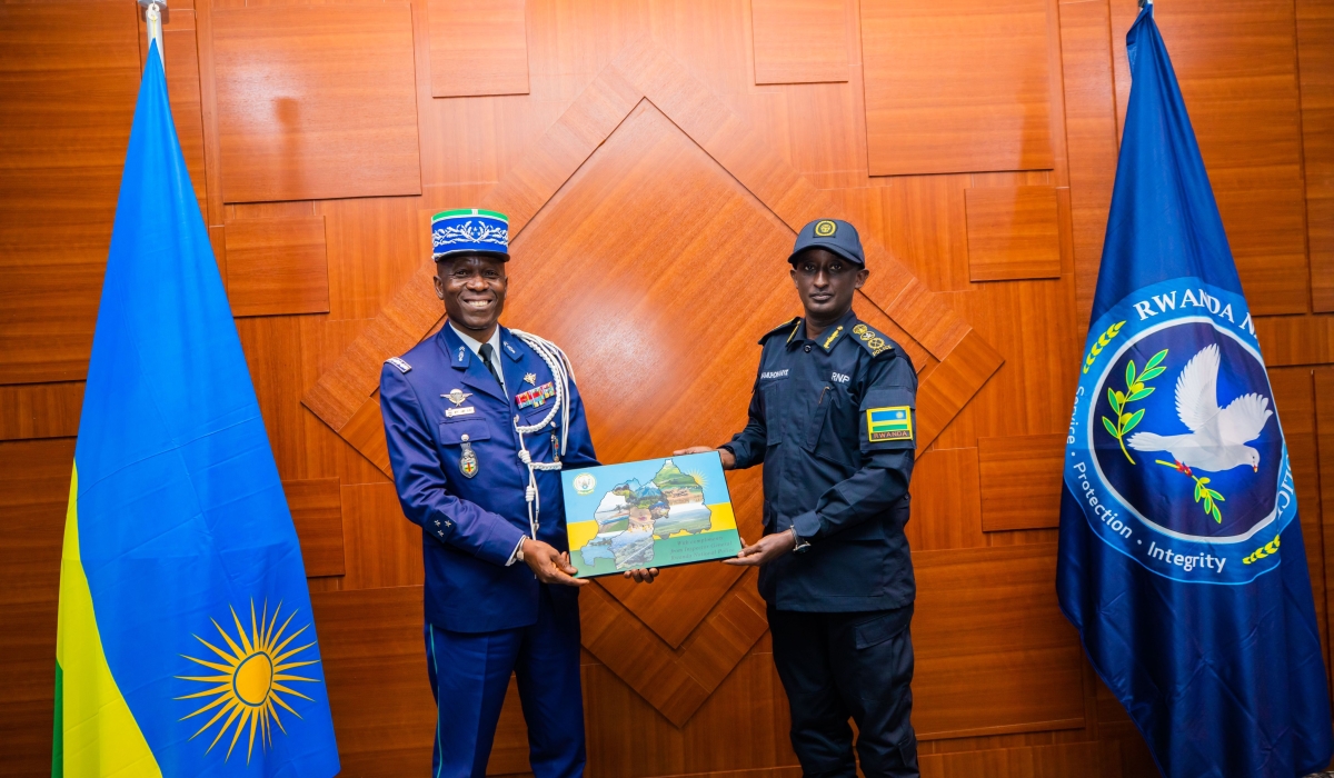 The Inspector General of Police (IGP) Felix Namuhoranye meets with the Director General for Central African Republican Gendarmerie,Landry Urlich Depot ,on Monday, October 9. Courtesy
