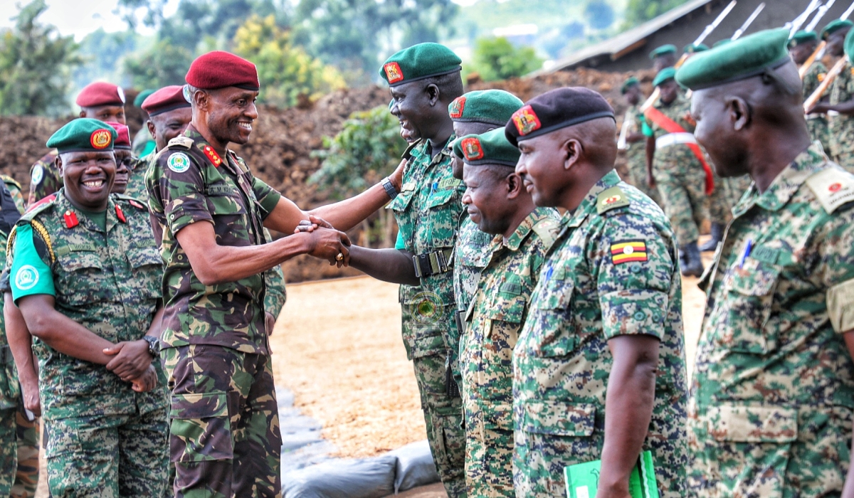 East African Community Regional Force (EACRF) Commander Maj. Gen. Aphaxard Muthuri Kiugu visiting the Ugandan contingent’s bases in Kiwanja and Bunagana, in North Kivu Province, in June 2023. The EAC regional force has troops from Kenya, Uganda, Burundi, and South Sudan.  