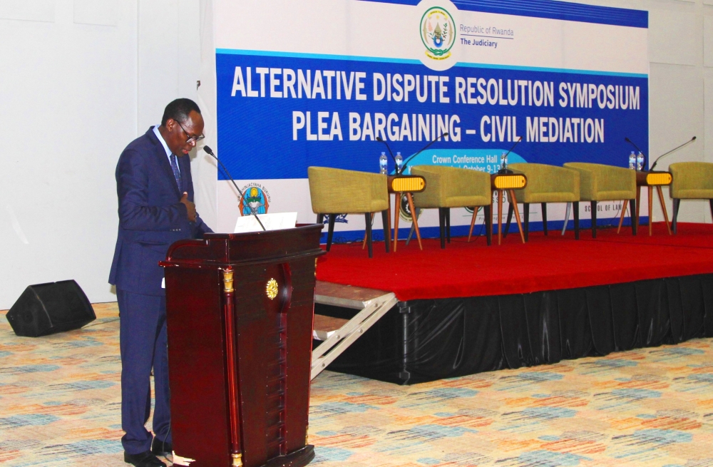 Chief Justice Faustin Ntezilyayo delivers remarks as he officially opens a five-day Symposium  on alternative dispute resolution, on October 9. Courtesy