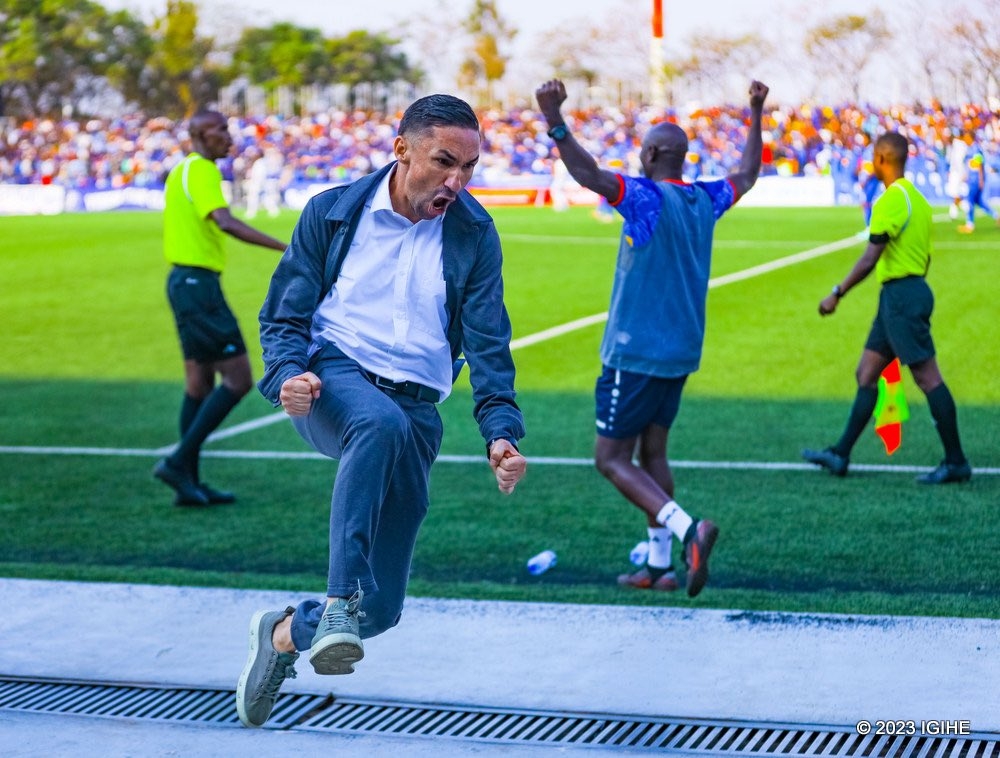 Rayon Sports outgoing head coach Yamen Zelfani celebrates as his team beat APR FC to win the Super Cup on August 12. The Blues announced that
through mutal consent the coach left the club on Sunday, October 8. Photo: Julius Ntare