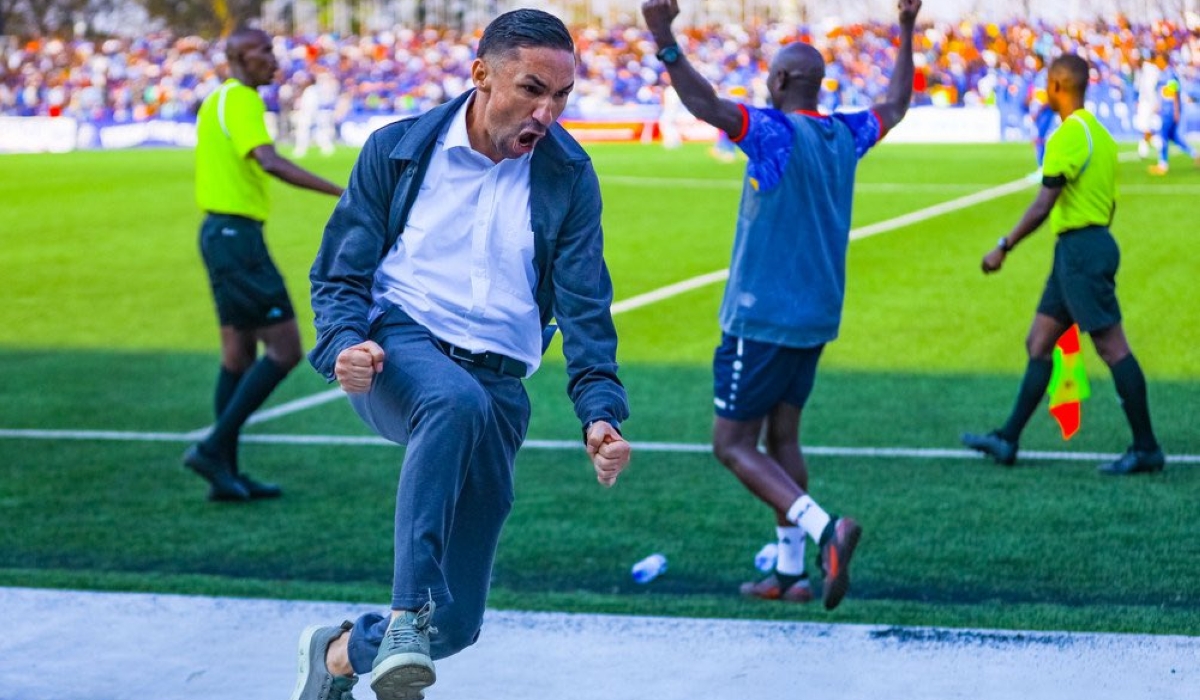Rayon Sports outgoing head coach Yamen Zelfani celebrates as his team beat APR FC to win the Super Cup on August 12. The Blues announced that
through mutal consent the coach left the club on Sunday, October 8. Photo: Julius Ntare