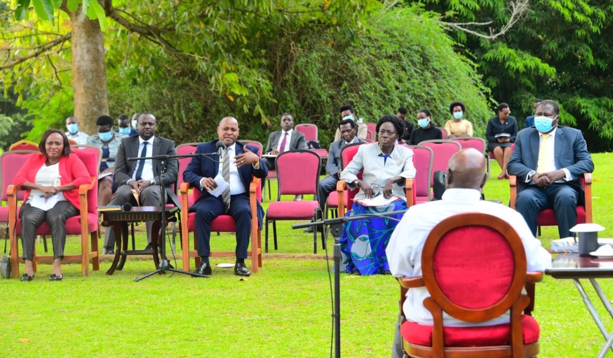 East African Community Secretary-General Peter Mathuki and Ugandan President Yoweri Museveni during a meeting at state house to discuss the conflict in eastern DR Congo.on Tuesday, October 10. COURTESY