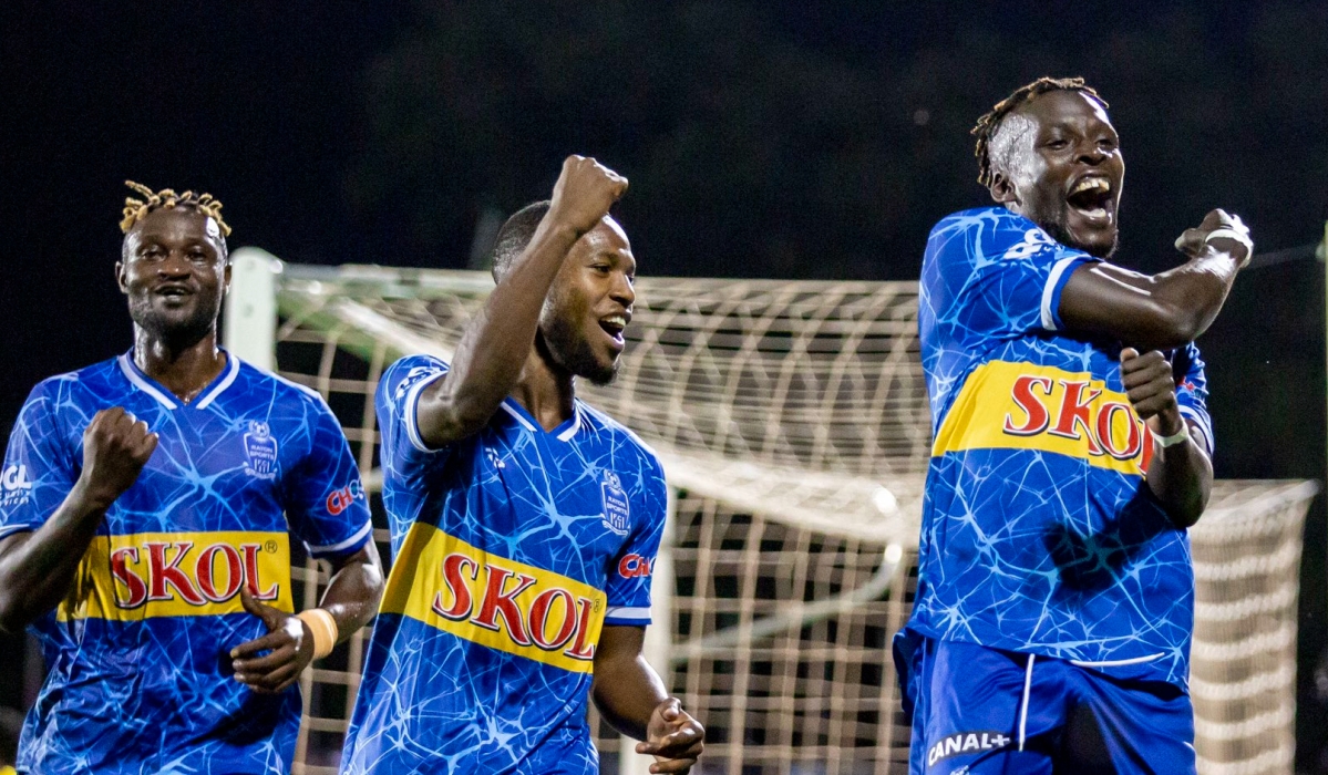 Rayon Sports players celebrate the second goal during a 2-1 victory over Etoile de l’Est at Kigali Pele Stadium on October 11. Courtesy