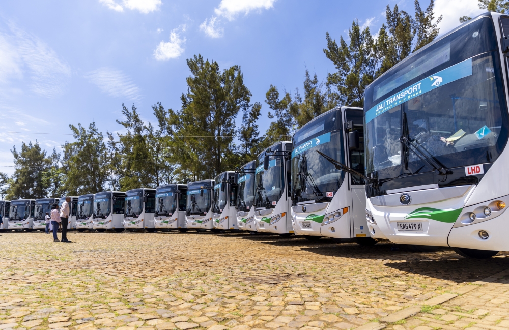 Some of the new buses imported by Jali transport firm. The new fleet of 20 buses was unveiled in the capital Kigali on Friday, October 13, and is expected to ease shortages in public transport by  per cent. PHOTOS BY OLIVIER MUGWIZA