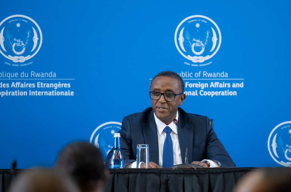 Dr Vincent Biruta, Minister of Foreign Affairs and International Cooperation during the diplomatic briefing  on October 11. Courtesy 