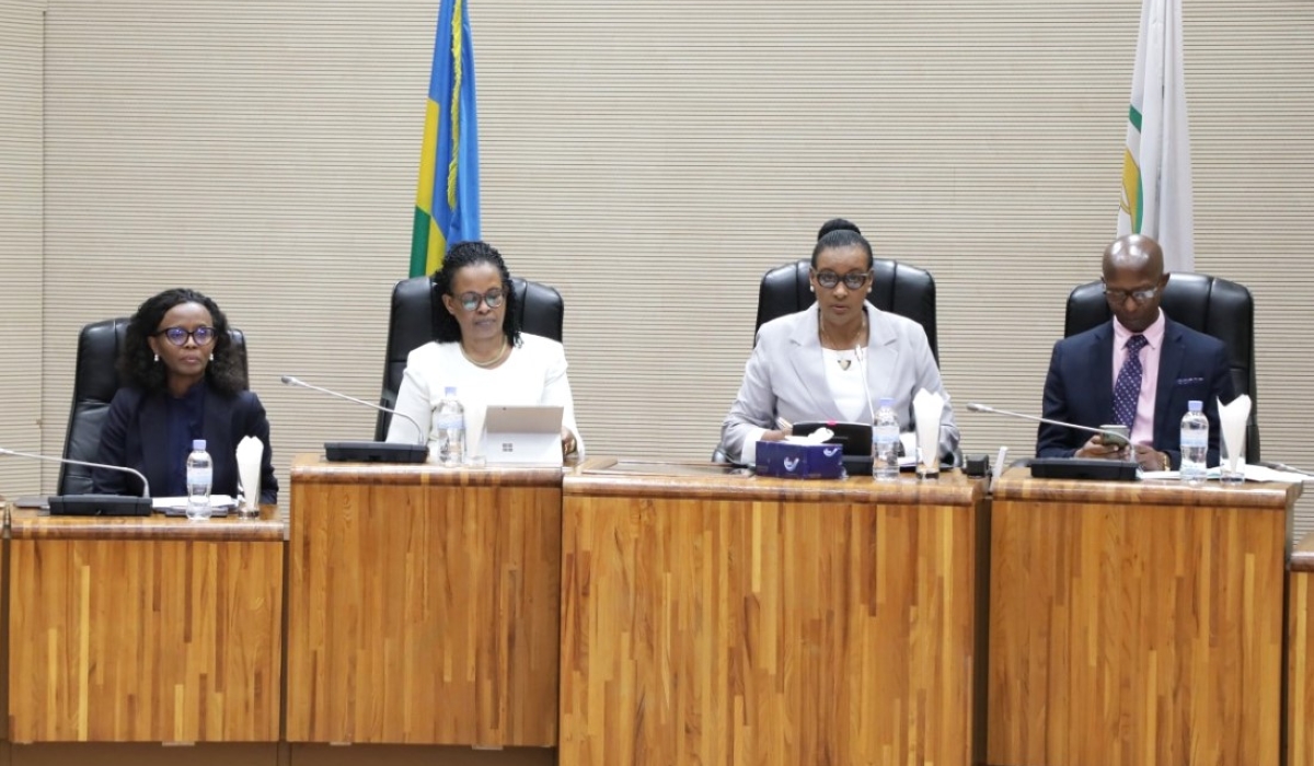 ( L-R): The Minister of State in charge of Public Investment and Resource mobilization at the Ministry of Finance and Economic Planning, Jeanine Munyeshuli; the Deputy Speaker in charge of Parliamentary Affairs at the Chamber of Deputies, Edda Mukabagwiza; Speaker Donatille Mukabalisa, and Deputy Speaker in charge Finance and Administration, Mussa Fazil Harerimana, during a plenary sitting of the Lower House that approved the relevance of a new bill governing privatisation, on October 12, 2023, in Kigali . (courtesy).