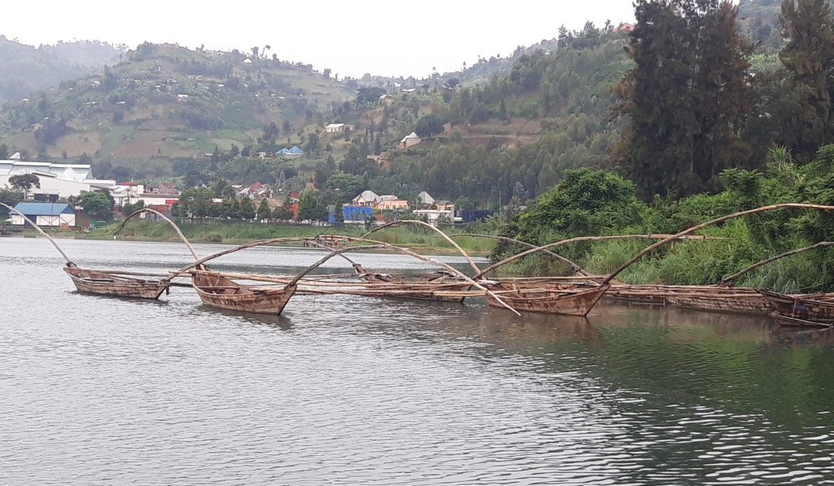 The connected canoes parked on Lake Kivu’s shores due to the biological break, are used to capture Limnothrissa miodon (Isambaza) in the night.