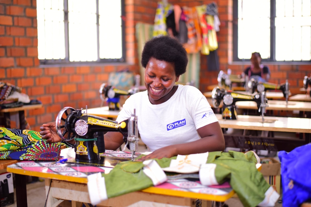One of young women who conducted a five-month vocational skills training in the arts of clothing production at Butamwa TVET School in Nyarugenge District. Courtesy